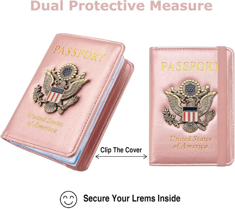 FACATH Passport Holder for Travel Passport Cover for Men Passport Wallet Case with Metal Badge Protector Leather Card Case RFID Blocking Women Travel Accessories Document Organizer (Rose Gold) - Image 5